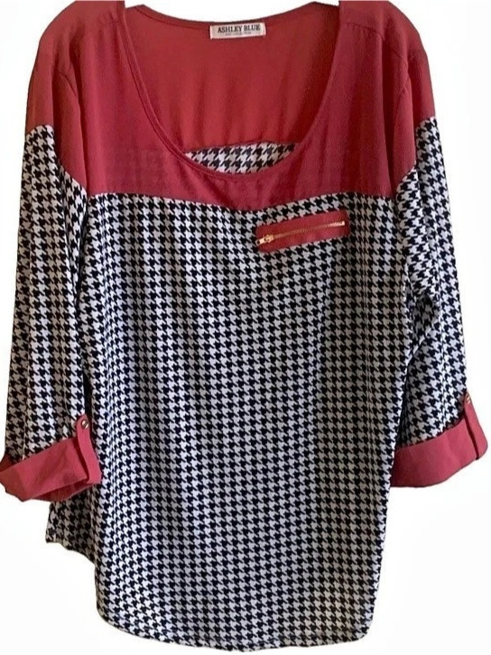 Ashley Blue Women’s 3XL Houndstooth Top Rose Black White 3/4 Sleeve NWT